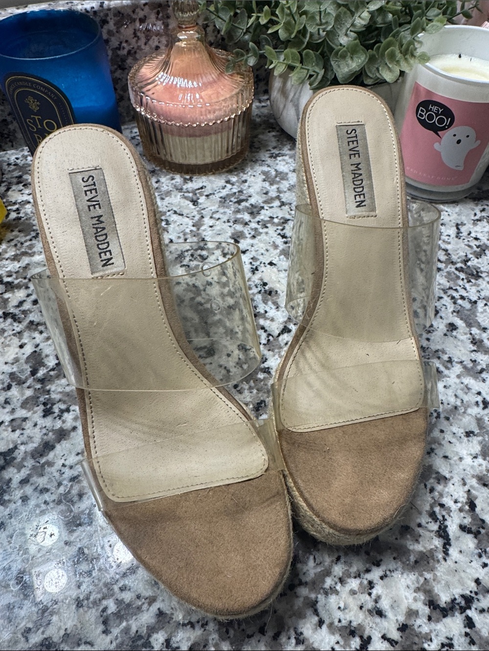 Steve Madden Tan Suede Clear Strap Wedge Mules